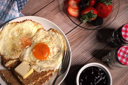 eggs, breakfast, food, toast, bread, meal, morning, jam, yolk, fried egg, berries, fruits, tasty, delicious, flat lay